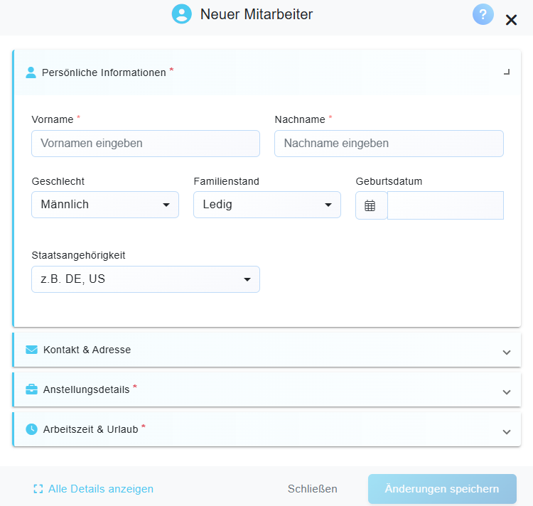 Neuen Mitarbeiter anlegen Dialog