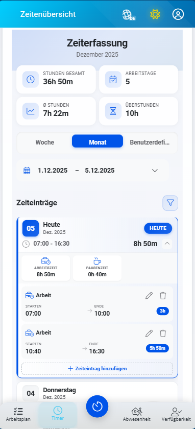 Zeiteinträge detailliert