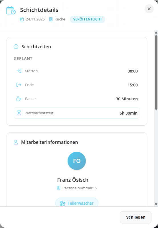 Schichtdetails Ansicht