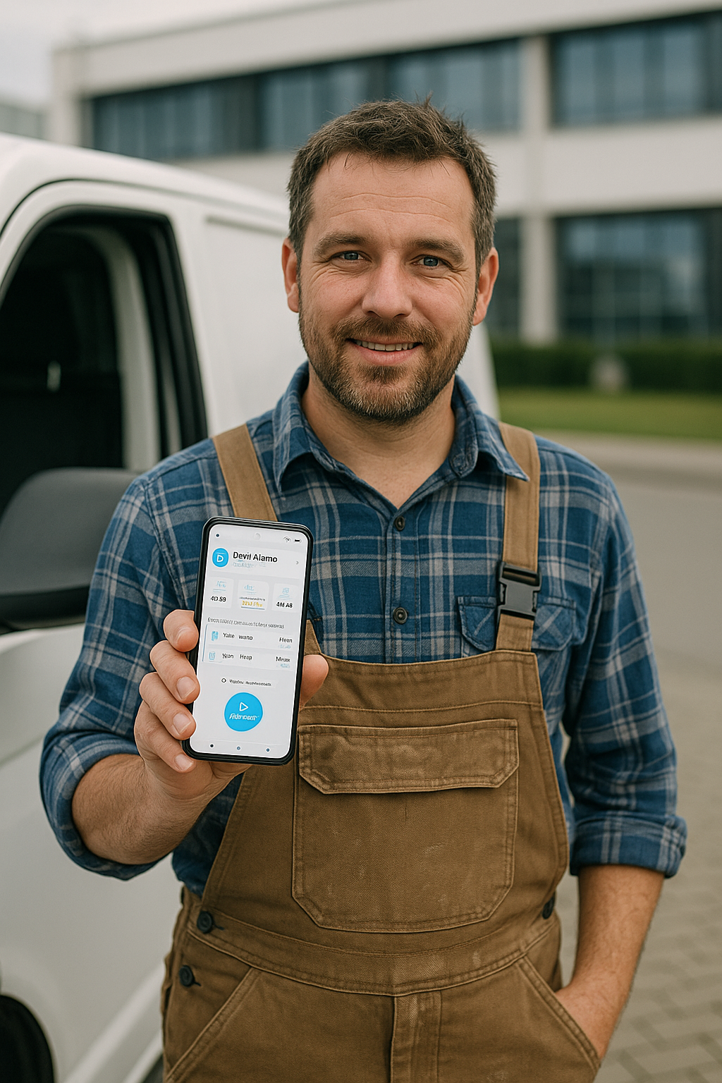 Handwerker erfasst Arbeitszeit mobil mit Smartphone